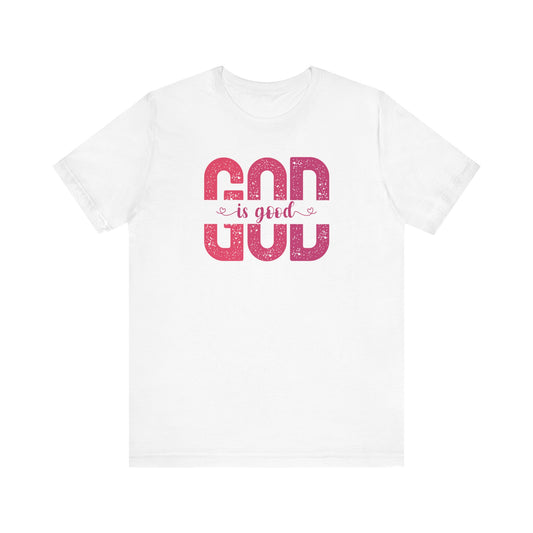 God is Good with pink hues (Bella Canvas 3001 T-Shirt) for women and men