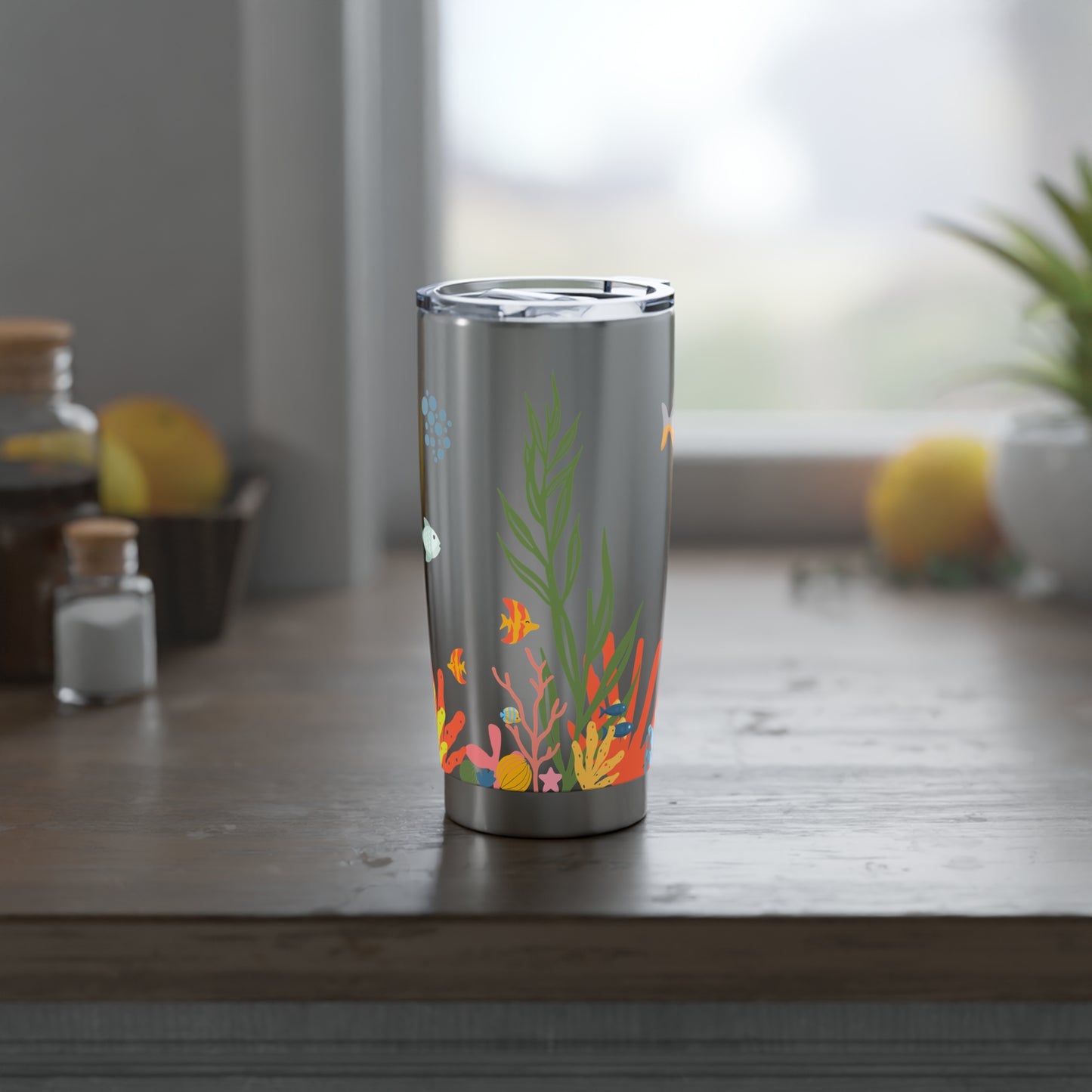 Stainless steal inside and out. Coral reef 20oz tumbler