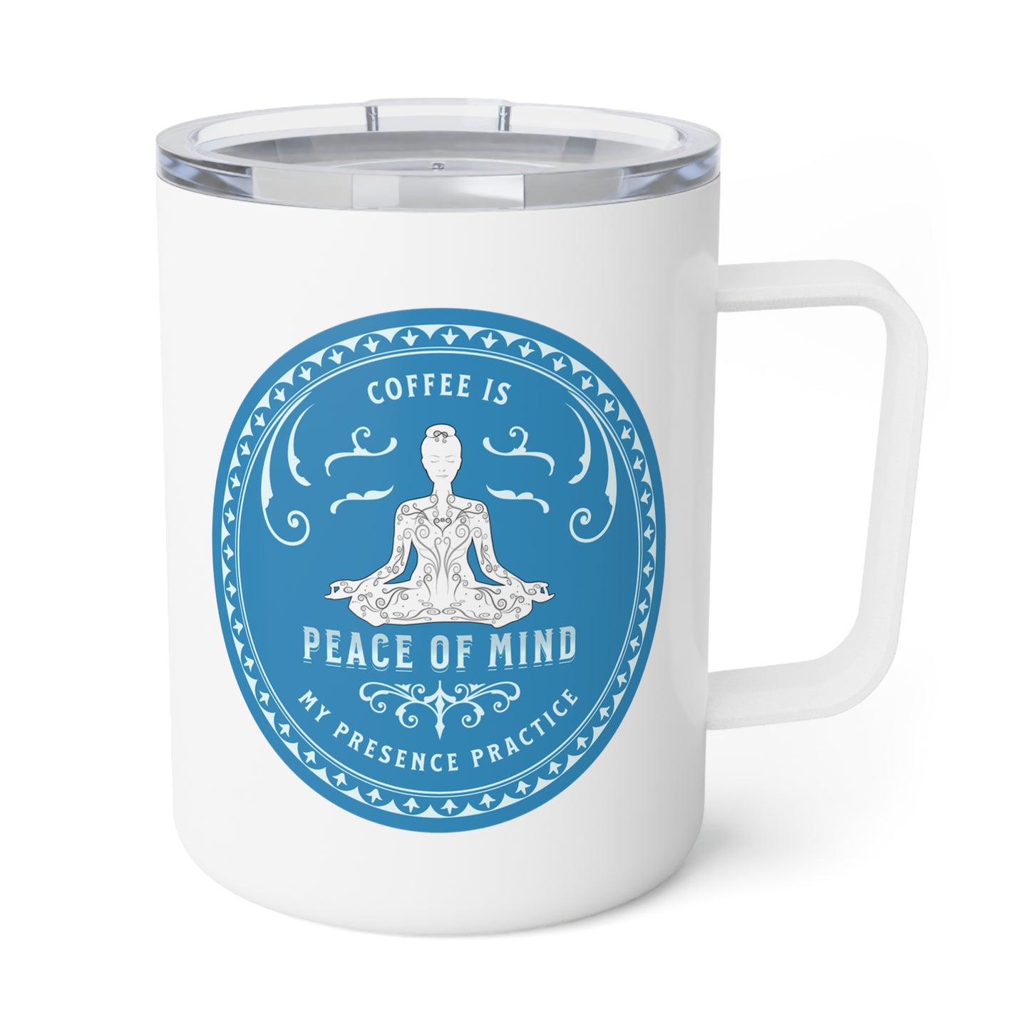 Coffee is my Presence Practice with Blue Hues Insulated, stainless steal, Coffee Mug, 10oz
